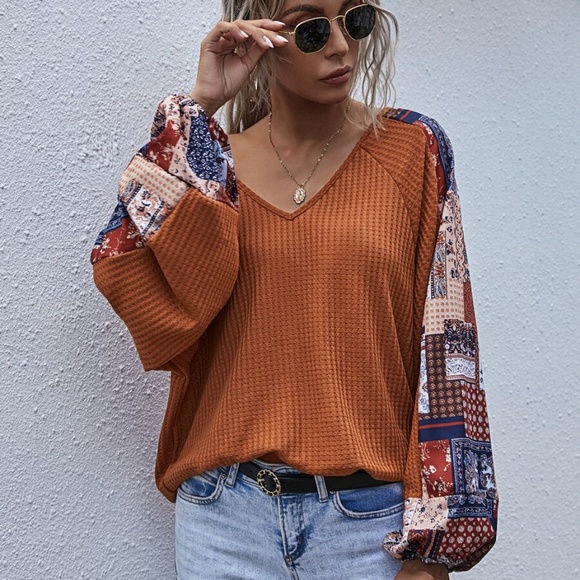 brown  v neck wide sleep waffle long sleeve top - Picture 12 of 16